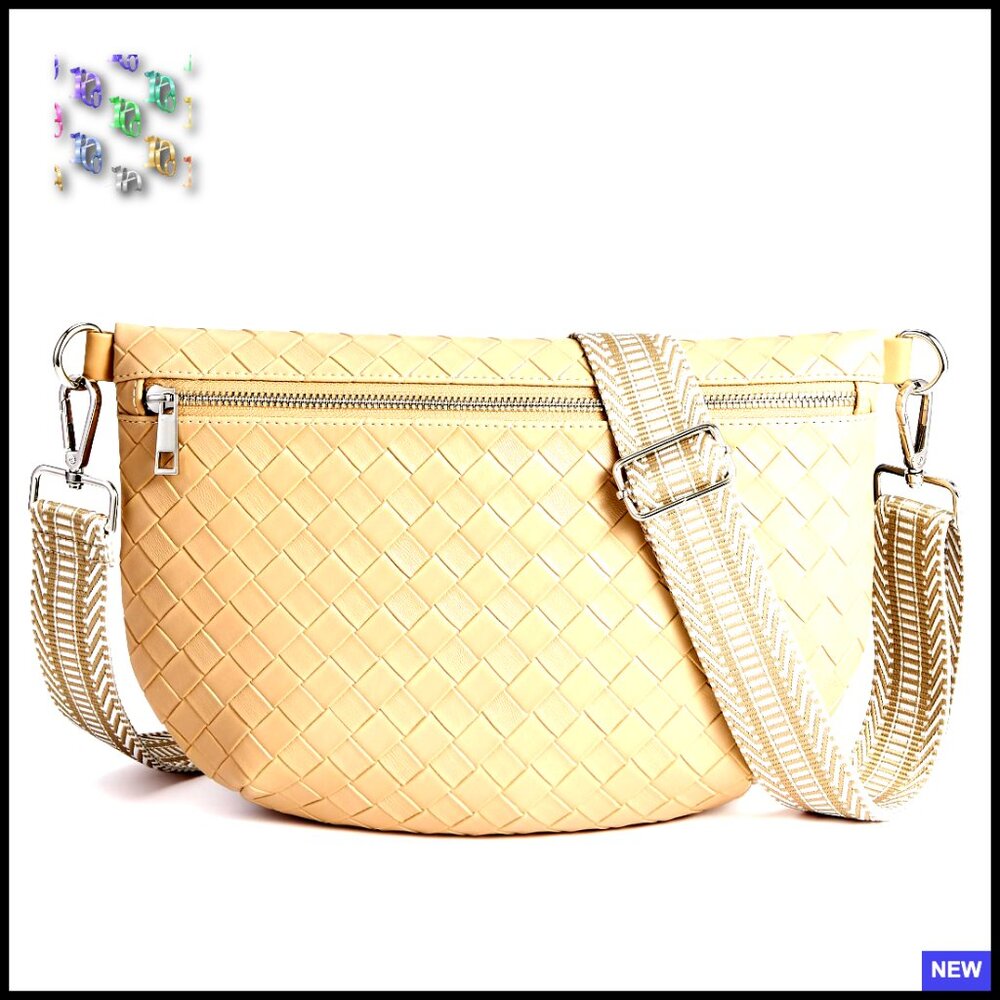 Woven Crossbody Fanny Pack Vegan Leather Adjustable Strap Travel Sling Bag